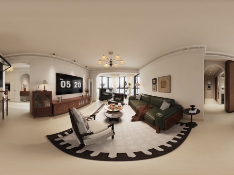 法式中古风客餐厅 法式复古 开放式厨房 入户