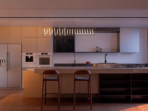  开放式厨房 餐桌 吧台 厨柜3d模型 