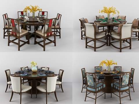 新中式餐桌圆桌组合模型3d模型 