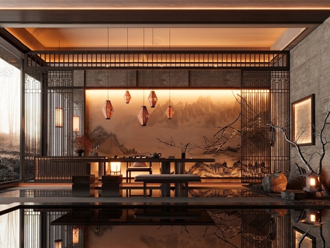 新中式禅意茶室 茶馆 茶台组合su模型