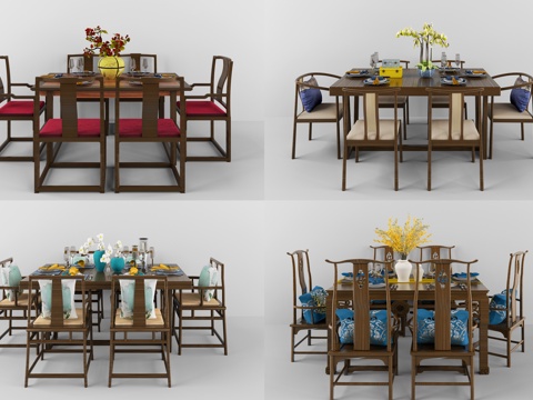  新中式餐桌方桌组合模型3d模型 