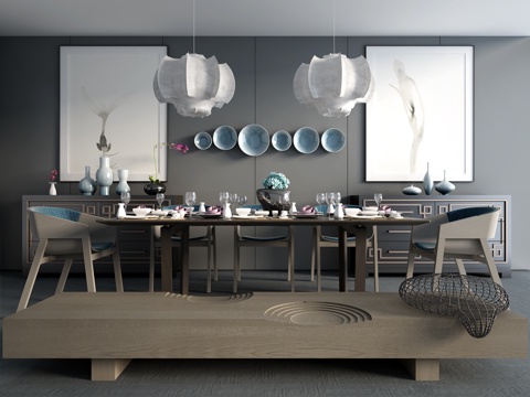  现代中式吊灯 餐桌 椅子 柜子组合 装饰品 装饰画 吊灯3d模型 