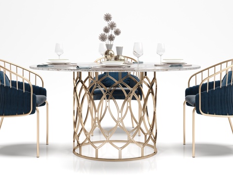  新中式圆形餐桌 椅子 摆件组合3d模型 