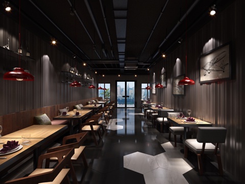  工业风餐厅 火锅店 卡座3d模型 