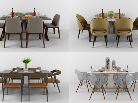  现代方形餐桌组合3d模型 