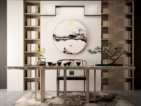  新中式实木茶几桌椅组合盘景3d模型 装饰柜边柜 书柜 中3d模型 