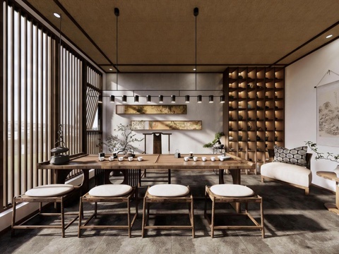 新中式茶室 茶馆 茶桌椅 茶台su模型