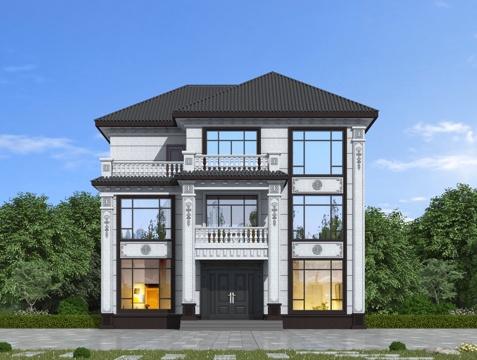 新中式独栋别墅 自建房别墅su模型