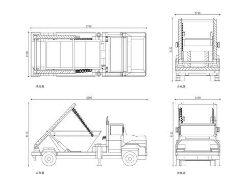 勾臂式垃圾车 车厢可卸式垃圾车 拉臂垃圾车 钩臂转运车cad施工图