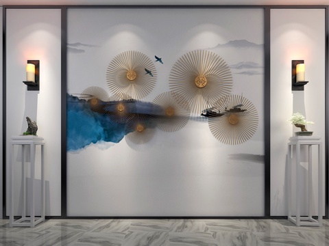  新中式墙饰 沙发背景墙 中式墙饰 中式壁灯 中式条几 新3d模型 