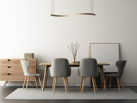  现代实木北欧餐厅 餐桌 椅子 吊灯 挂画边柜组合3d模型 