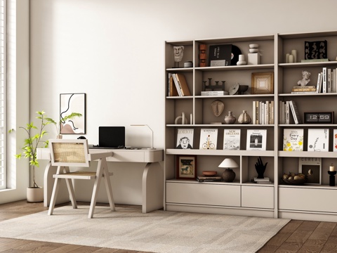  奶油风书房 书桌椅  办公桌椅 摆件组合 书柜3d模型 