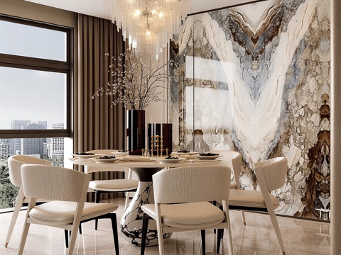  现代轻奢餐厅 餐桌椅组合 酒柜 吊灯 摆件 冰箱 电器 挂画3d模型 