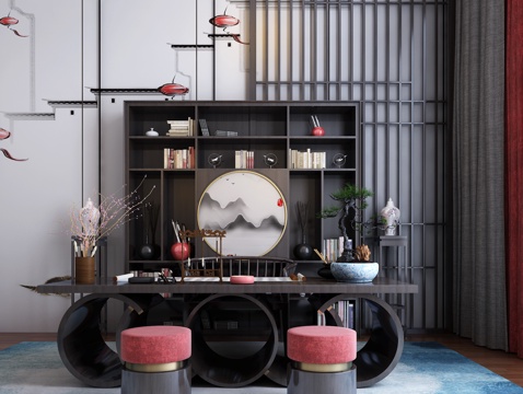  新中式书桌椅组合3d模型 