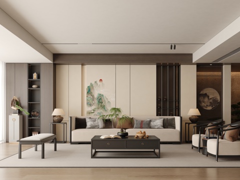  宋式美学客厅 新中式客厅 横厅 大平层3d模型 