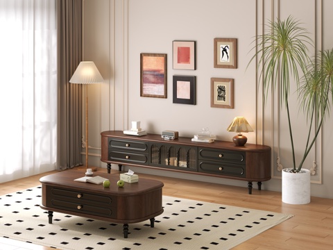  现代中古风风格 家具茶几电视柜 灯光齐全3d模型 