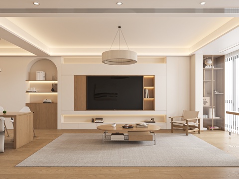  日式简约原木风客餐厅3d模型 