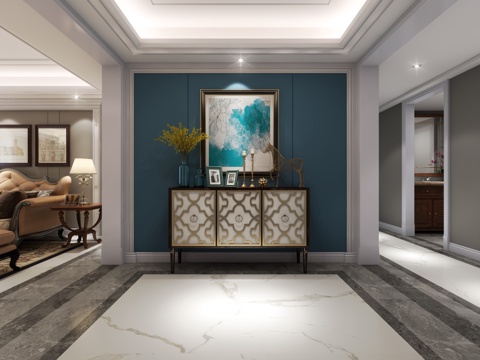  美式门厅 玄关 装饰柜 装饰画3d模型 