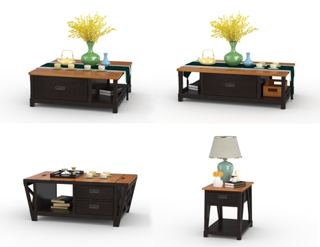  美式茶几 角几 咖啡桌 饰品 摆件组合3d模型 