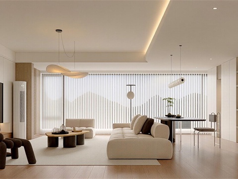  现代奶油风客厅 沙发组合 单人椅 休闲椅 花瓶 摆件 地毯3d模型 