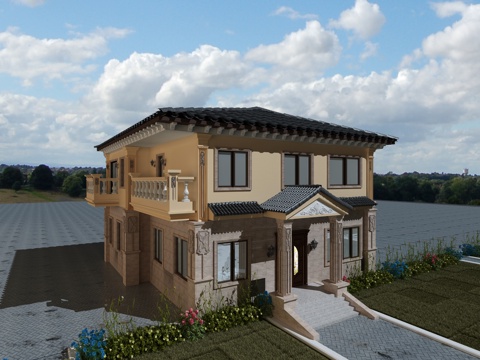  简欧别墅外观3d模型 