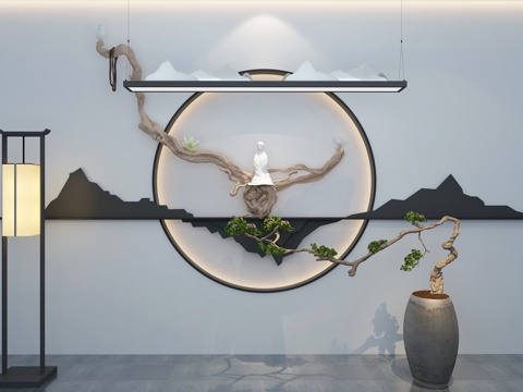  新中式背景墙 新中式吊灯 落地灯 绿植 佛珠 枯藤3d模型 