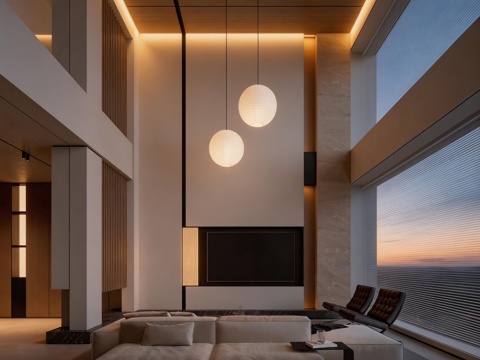 极简别墅客厅 中空客厅su模型