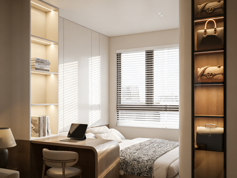 现代简约书房卧室一体 民宿客房 多功能房间 L型书桌 地台床su模型