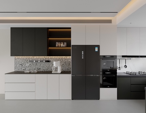  现代极简黑白灰开放式厨房3d模型 