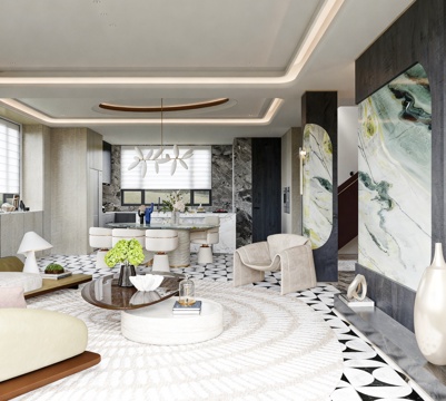  现代轻奢别墅客餐厅3d模型 