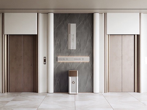  现代电梯间 吊灯 酒店电梯间 办公电梯间 垃圾桶3d模型 