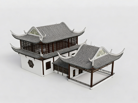 中式传统两层楼阁连廊 飞檐翘角 雕花木窗 灰瓦白墙su模型