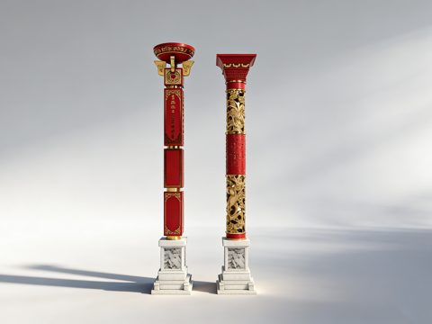 中式传统纹样盘龙柱 龙纹浮雕 金色雕花 寺庙大殿庆典装饰su模型