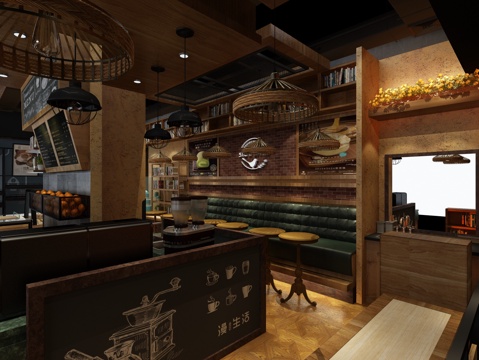  工业风水吧 休息区 面包柜 面包店3d模型 