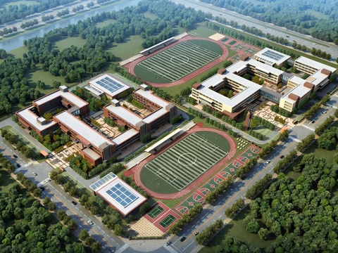 现代学校建筑  中小学建筑 学校鸟瞰图 艺术培训学校su模型