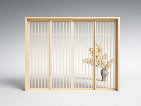 新中式移门推拉门 屏风隔断 木格栅 装饰隔断su模型