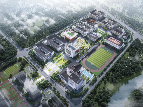 现代学校建筑  中小学建筑 学校鸟瞰图su模型