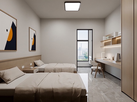  现代宿舍 单人床 双人间 客房 民宿3d模型3d模型 