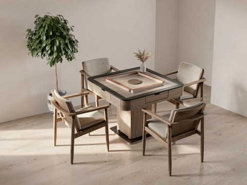 麻将桌_麻将桌椅组合_侘寂麻将桌_单椅_麻将桌su模型