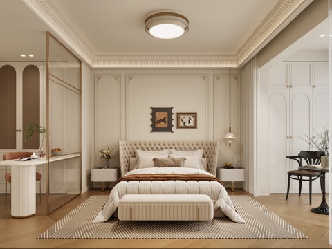  奶油法式卧室主卧 法式卧室3d模型 