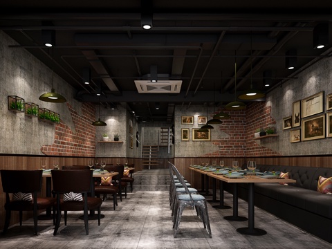  工业风 餐厅 烧烤店 烤肉店 管道顶3d模型 