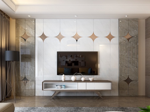  现代背景墙 电视柜 落地灯 书柜 窗帘3d模型 