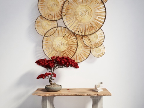  墙饰 中式桌 中式摆台 圆盘墙饰 新中式玄关装饰摆件3d模型 