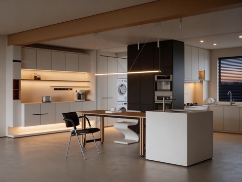 开放式厨房 吧台 吧椅 餐边柜su模型