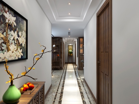  新中式过道 沙发茶几 餐桌组合  吊灯 酒柜 高柜 端景3d模型 