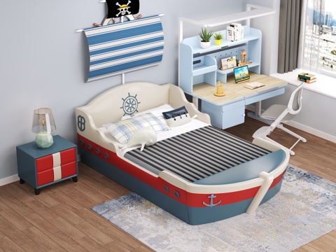  现代儿童卧室  家具床  帆船床  书桌椅3d模型 
