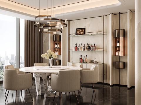  现代轻奢餐厅 餐桌椅组合 酒柜 吊灯 摆件 冰箱 电器 挂画3d模型 