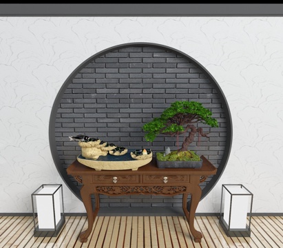  中式端景台 松树盆景 盆栽 中式落地灯 中式边柜 叠水3d模型 