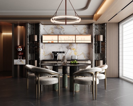  现代轻奢餐厅 轻奢圆餐厅 意式轻奢圆餐桌椅3d模型 