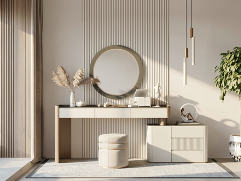 现代梳妆台梳妆镜子化妆品su模型